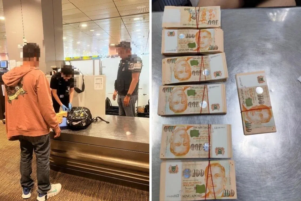 四名旅客在没有提前向当局申报的情况下，携带超过2万新元（或等值货币）的现金出入境被拦下。（当局提供）