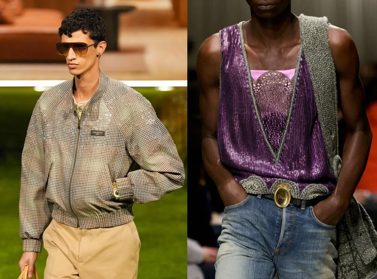 那些属于男士的“闪耀时刻”：Louis Vuitton 2026秋冬男装秀上的亮片男士夹克（左图）；Dior 2026秋冬男装秀上的紫色亮片背心（右图）。（互联网）