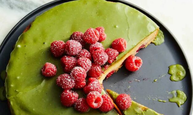 Gluten-Free Raspberry-Mochi Butter Cake with Matcha Glaze