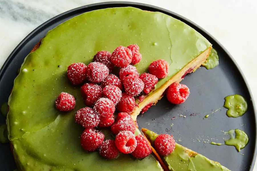 Gluten-Free Raspberry-Mochi Butter Cake with Matcha Glaze