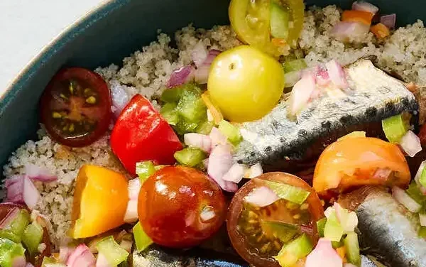 Gluten-Free Grain Bowl With Sardines and Sauce Moyo